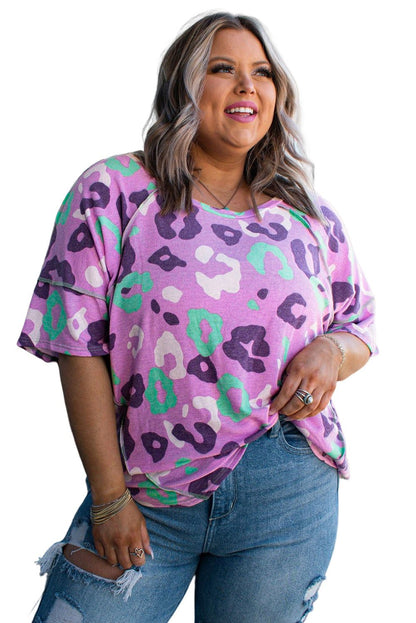 1/2 Sleeve Leopard Print Plus Size Top