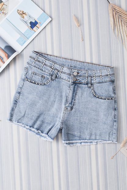 High Rise Rhinestone Embellished Denim Blue Jean Shorts