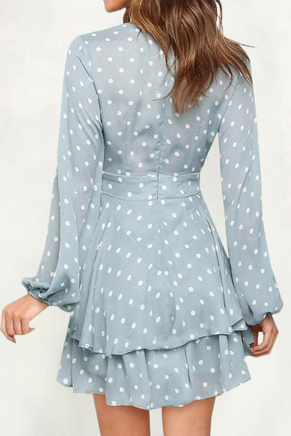 Long Sleeve Blue and White Polka-dot Wrap Dress