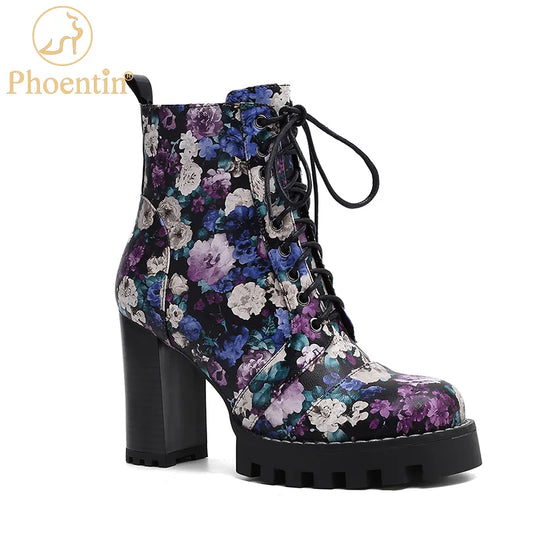 Patent Leather Floral Print Chunky Block Heel Platform Boots