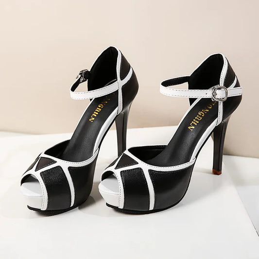 Black and White Peep Toe High Heels with Adjustable Ankle Straps