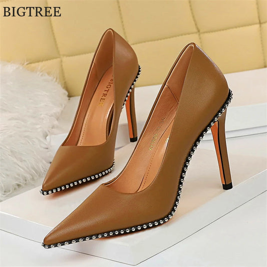 Sexy Studded Women's Heels Soft Faux Leather Pointed Toe High Heels