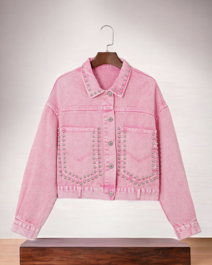 Long Sleeve Button-down Pink Studded Denim Jean Jacket