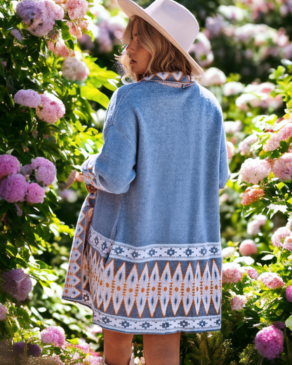 Long Sleeve Southwestern Aztec Print Long Open Front Cardigan Sweater