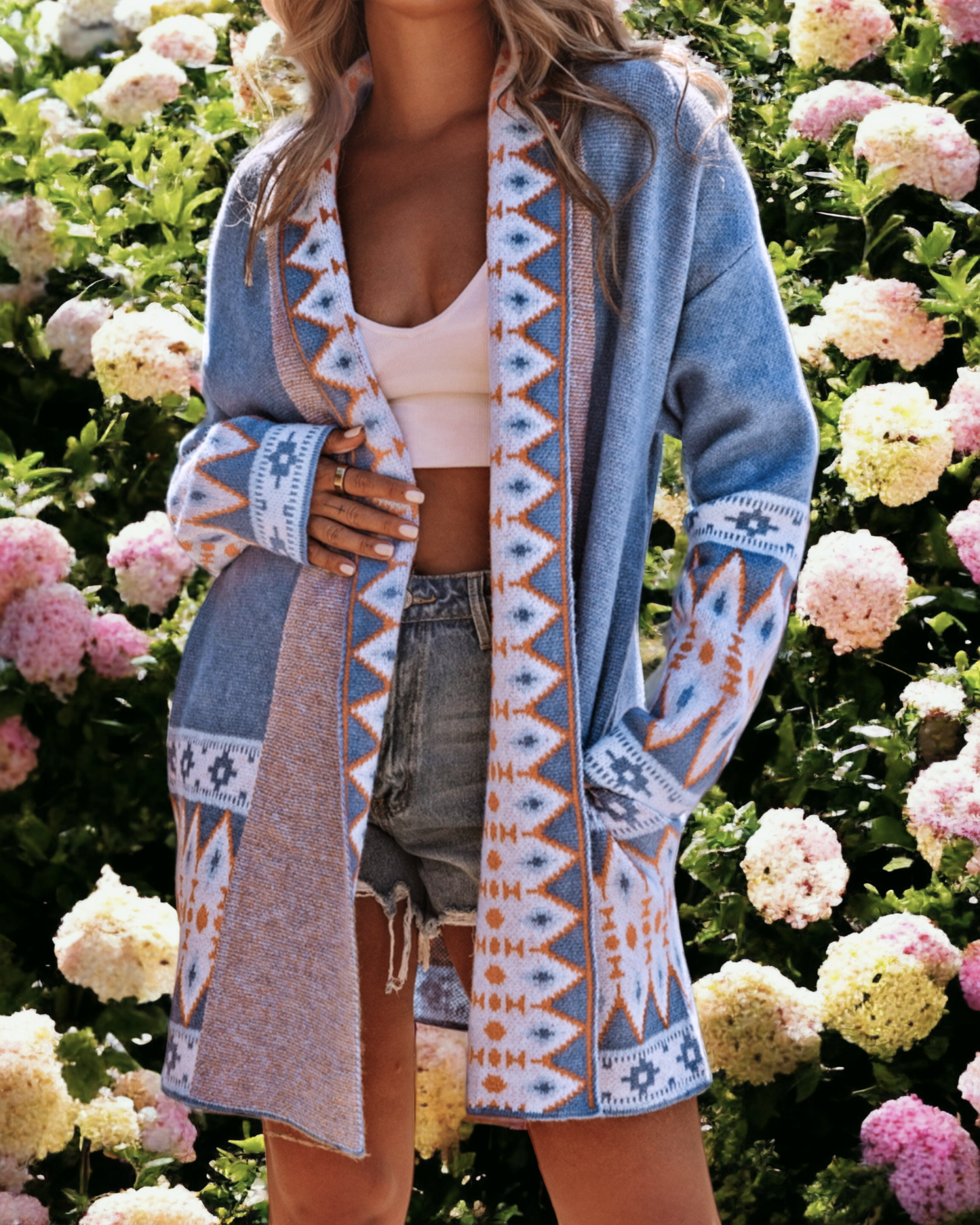 Long Sleeve Southwestern Aztec Print Long Open Front Cardigan Sweater