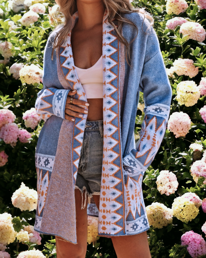 Long Sleeve Southwestern Aztec Print Long Open Front Cardigan Sweater