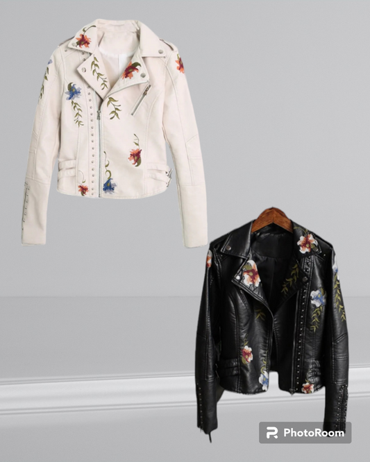 Long Sleeve Floral Embroidered Faux Leather Jacket