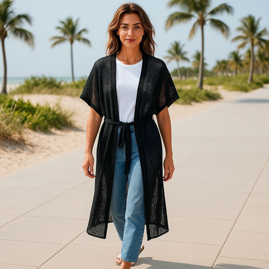 Ann Taylor Loft Black Crochet Swimsuit Cover-up Kimono Open Cardigan