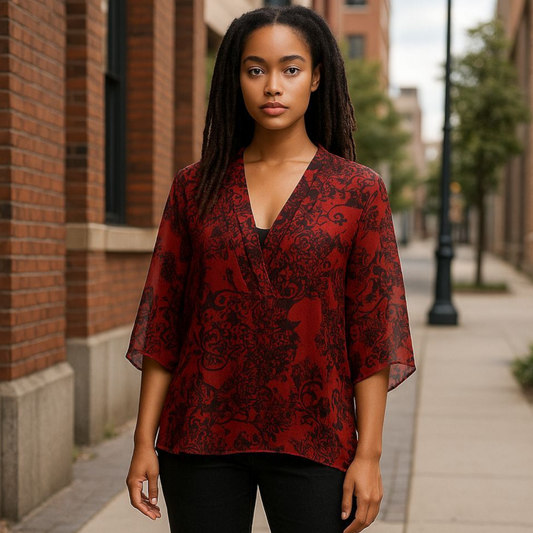 Catherines Women’s Size 2x Red Black Top Deep V-neck Pleated Flowy