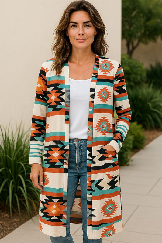Long Sleeve Open Front Aztec Print Duster/Cardigan