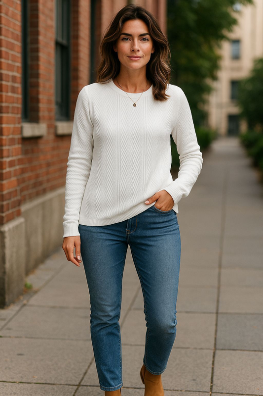 Long Sleeve Pointelle Knit White Sweater