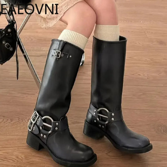 Knee High Low Heel Motorcycle Biker Slip On Boots