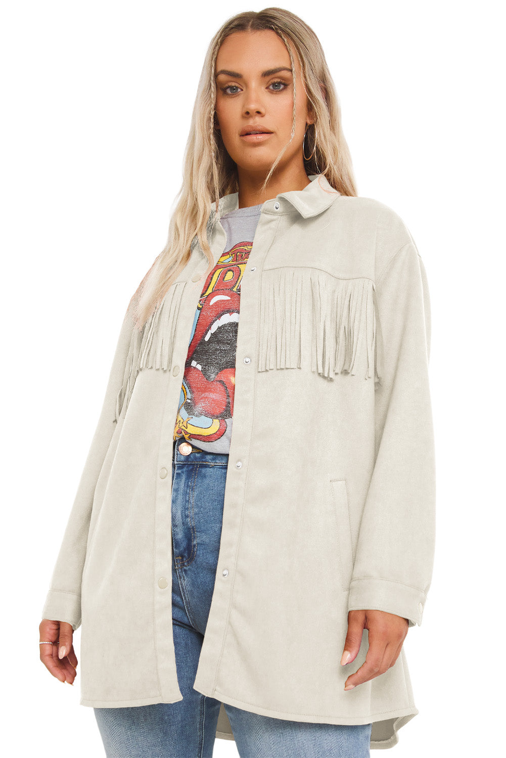 White Fringe Plus Size Suede Jacket Shacket