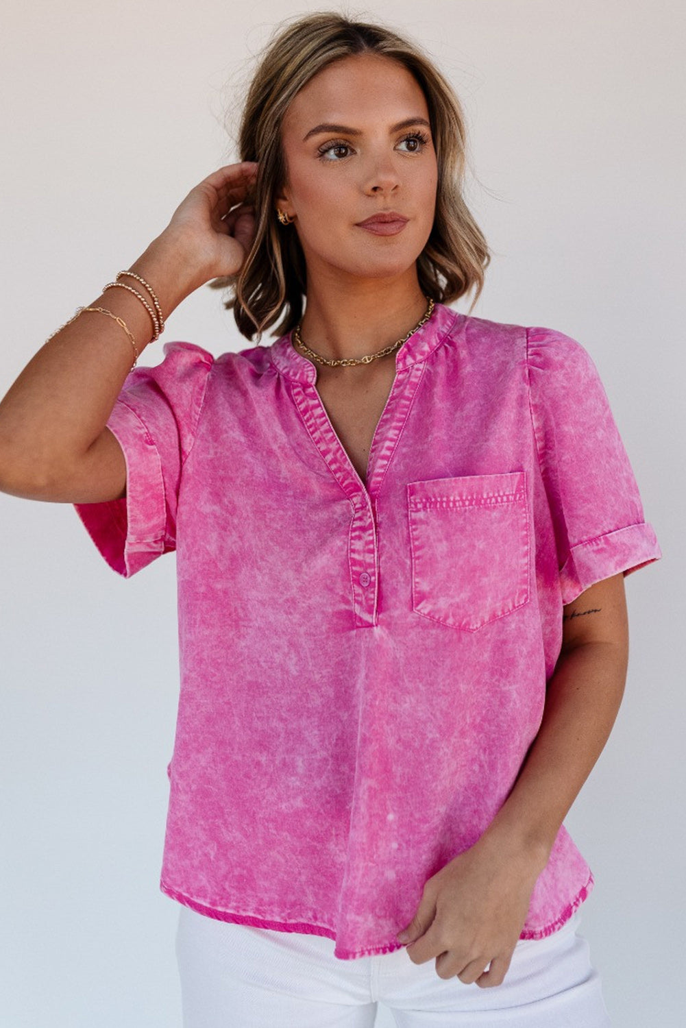 Short Sleeve Split V-neck Pink Denim Chambray Top