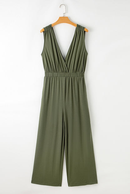 Sleeveless V-neck Wide Leg Pleated Jumpsuit