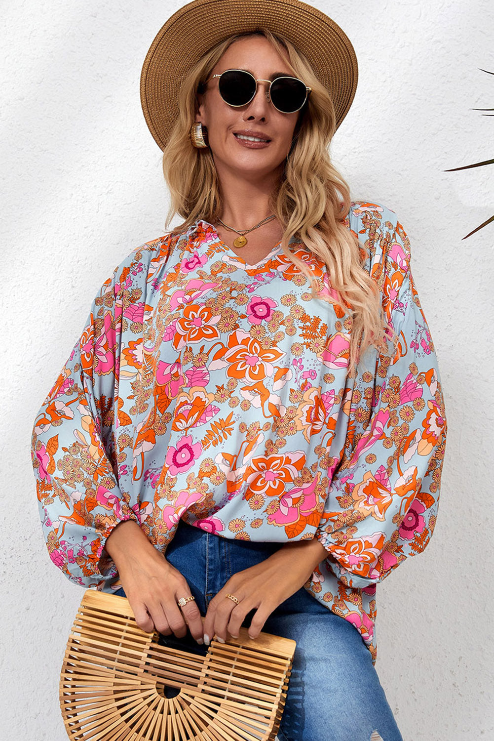 Long Sleeve Oversized Floral Print Blouse