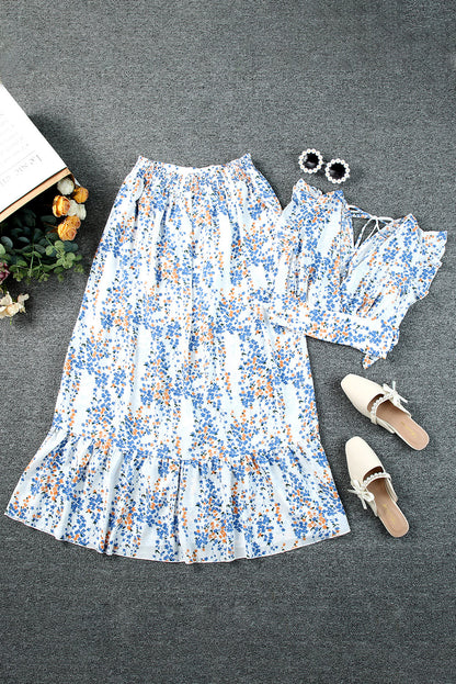 Flutter Sleeve Floral Print V-neck Maxi Skirt set