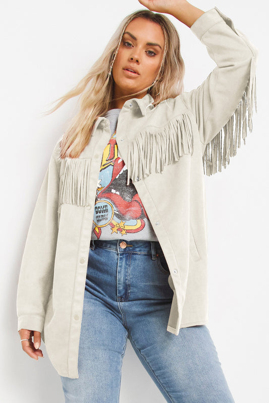 White Fringe Plus Size Suede Jacket Shacket