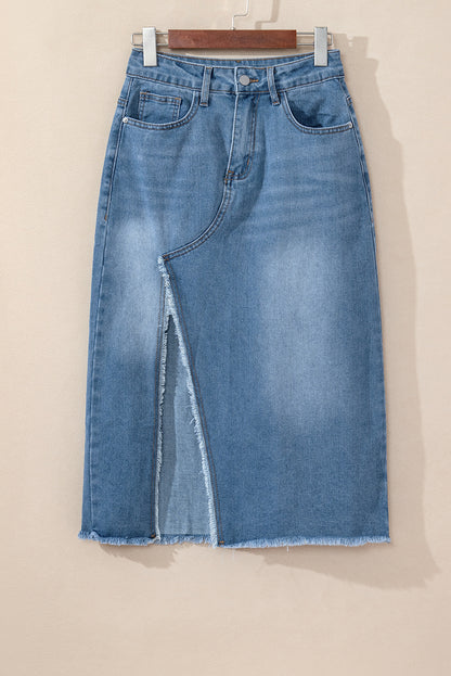 High Rise Denim Blue Jean Midi Skirt