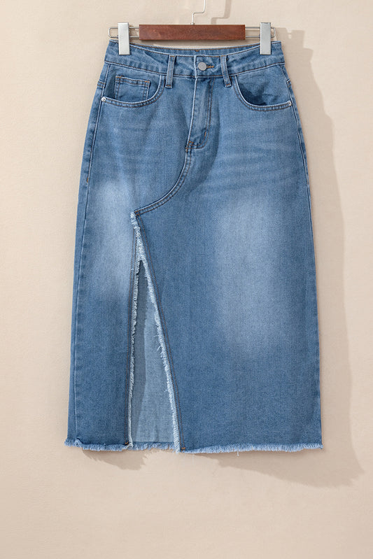 High Rise Denim Blue Jean Midi Skirt