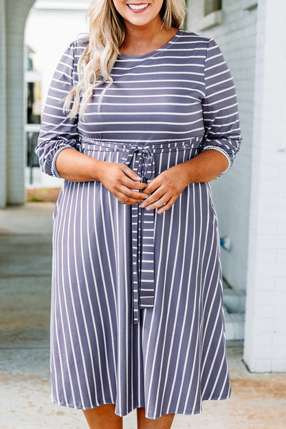 3/4 Sleeve V-neck Striped Midi Dress