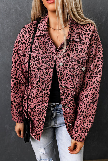 Long Sleeve Button-down Pink Leopard Print Denim Jean Jacket