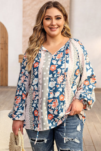 Long Sleeve Floral Print V-neck Plus-size Blouse