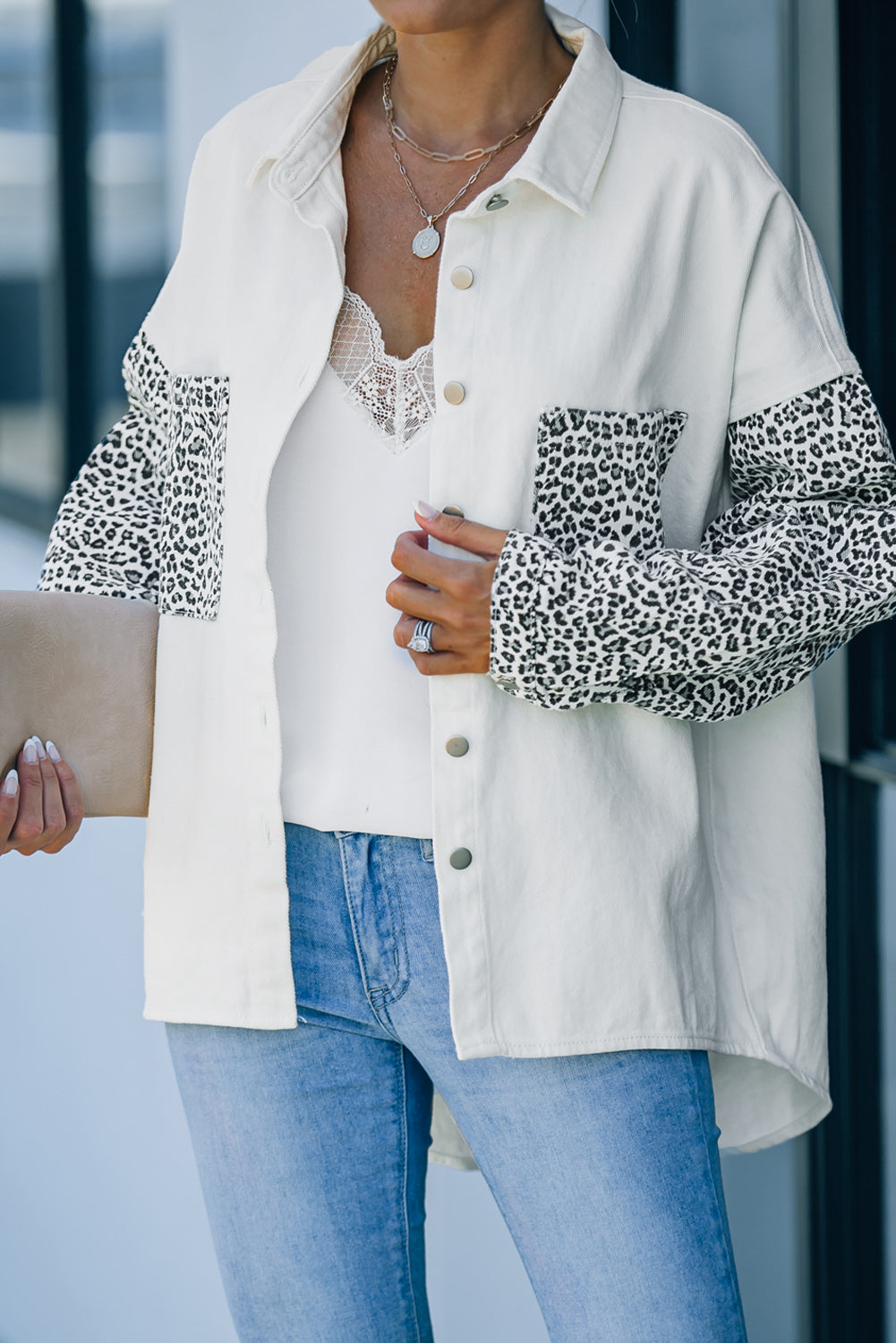 Long Sleeve Button-down Leopard Print White Denim Jean Jacket