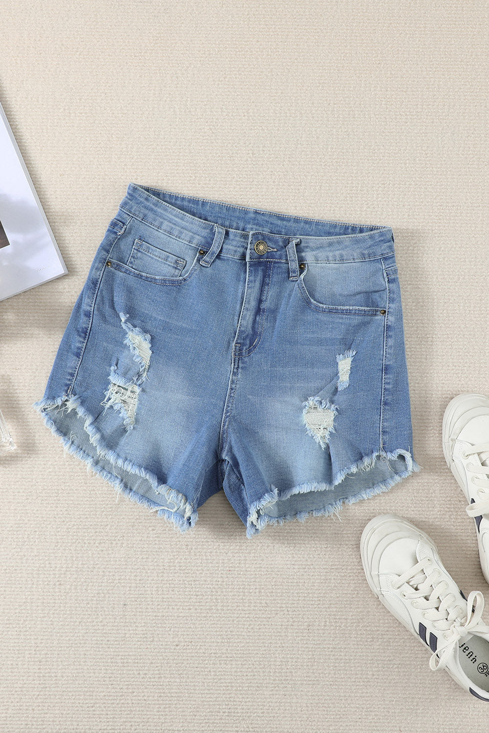 High Rise Distressed Denim Blue Jean Shorts