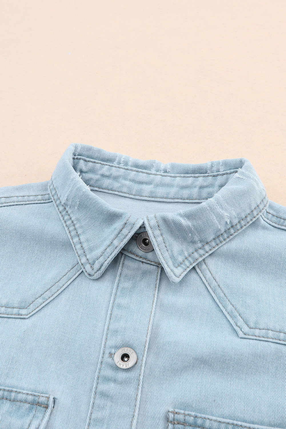 Long Sleeve Button-down Distressed Denim Blue Jean Shirt