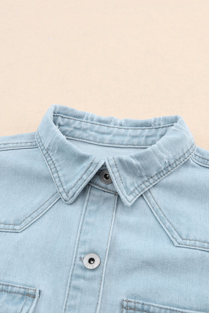 Long Sleeve Button-down Distressed Denim Blue Jean Shirt