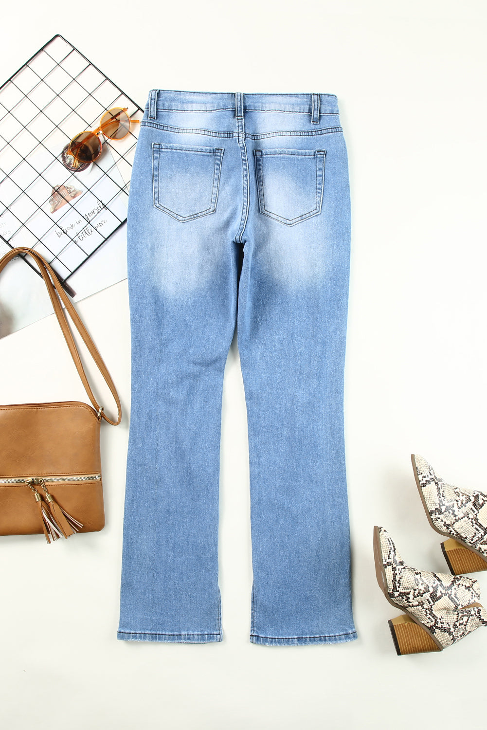 Mid Rise Straight Leg Distressed Blue Jeans