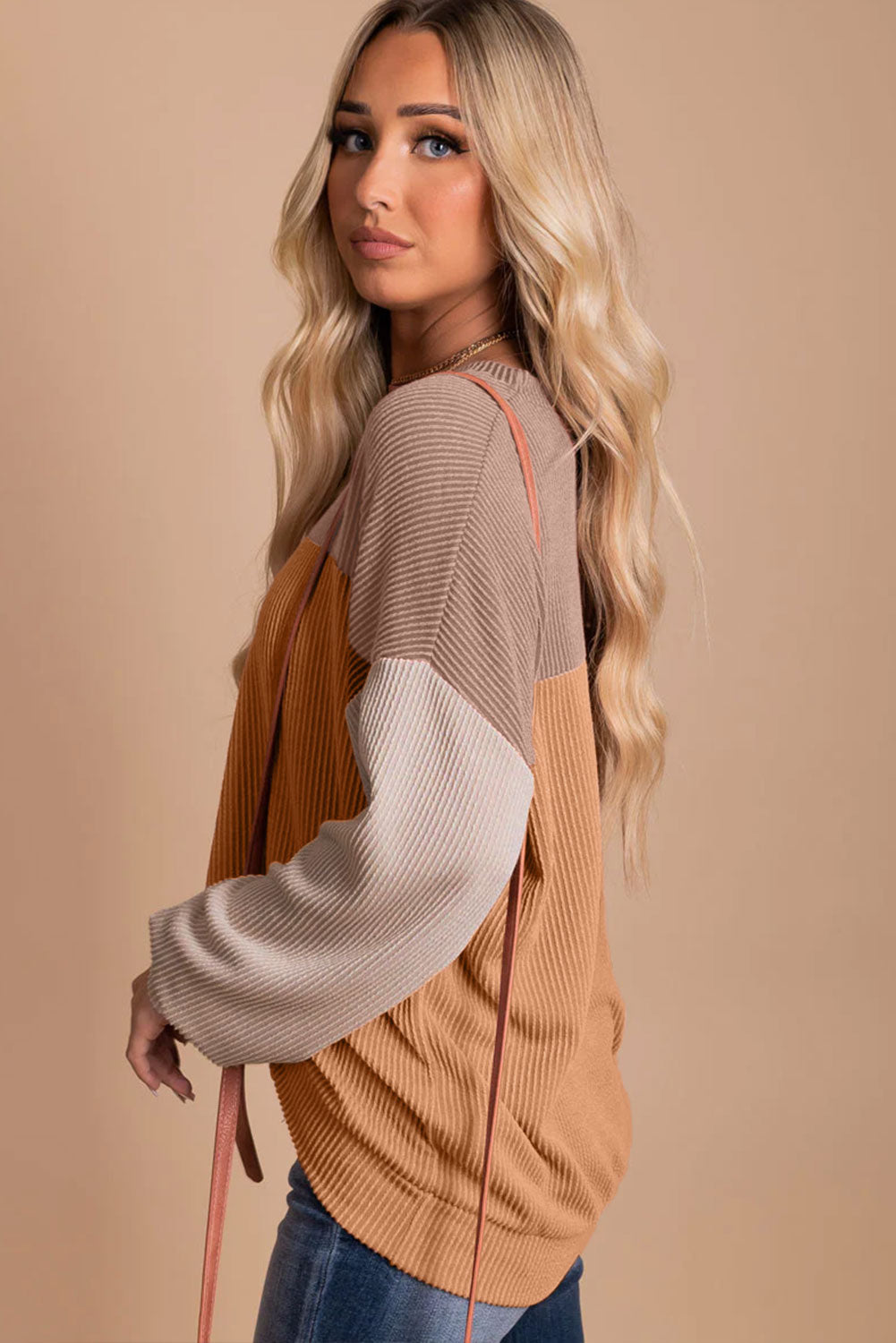 Long Sleeve Crew Neck Color Block Sweater