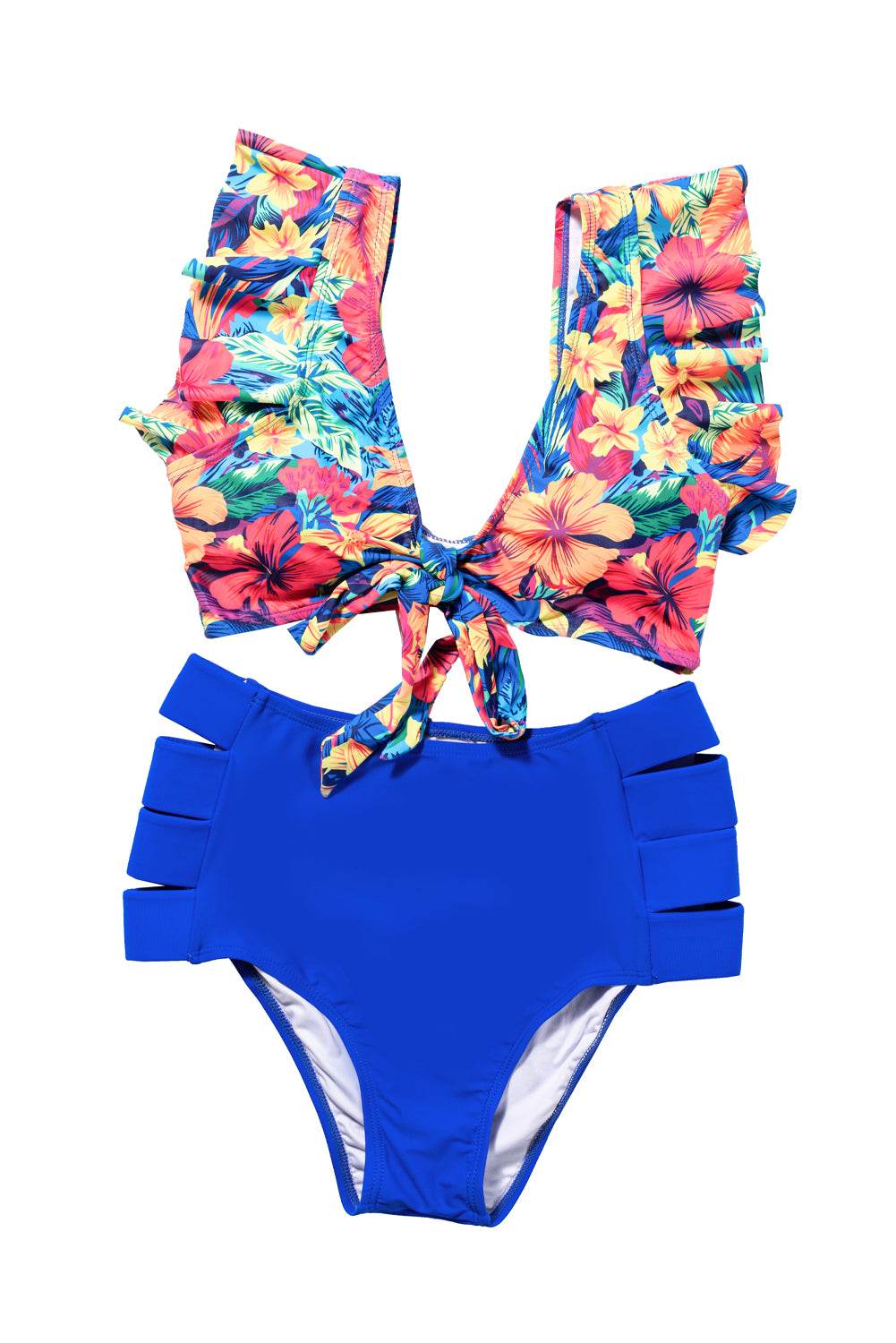 Two-piece Solid Bottom Floral Print Top Swimsuit