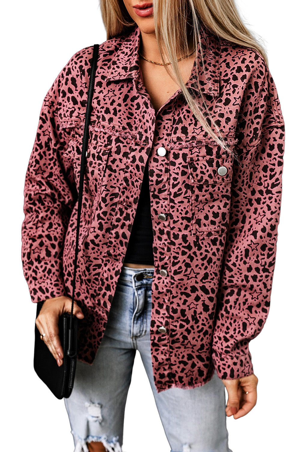 Long Sleeve Button-down Pink Leopard Print Denim Jean Jacket