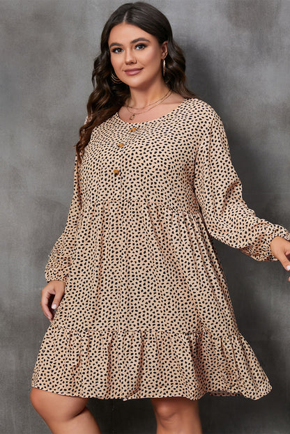 Long Sleeve Leopard Print Plus Size Above Knee Mini Dress