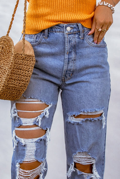 Mid-Rise Distressed Denim Blue Jeans