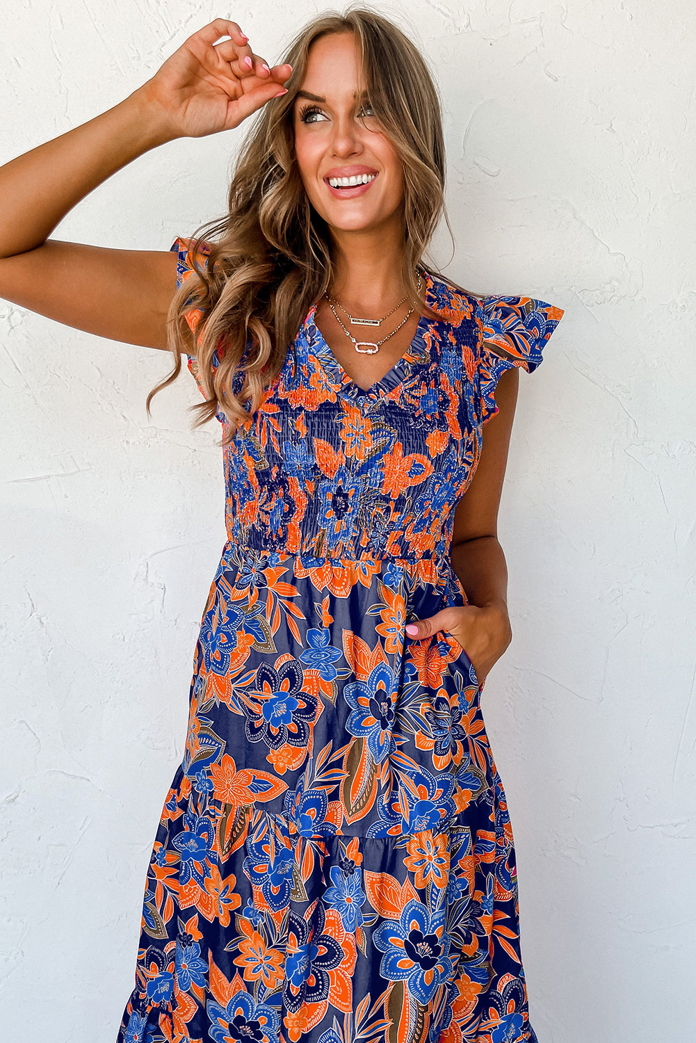 Flutter Sleeve Floral Print V-neck Maxi Dress