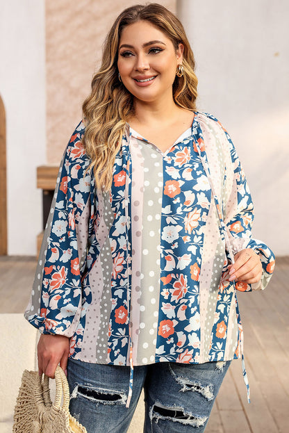 Long Sleeve Floral Print V-neck Plus-size Blouse