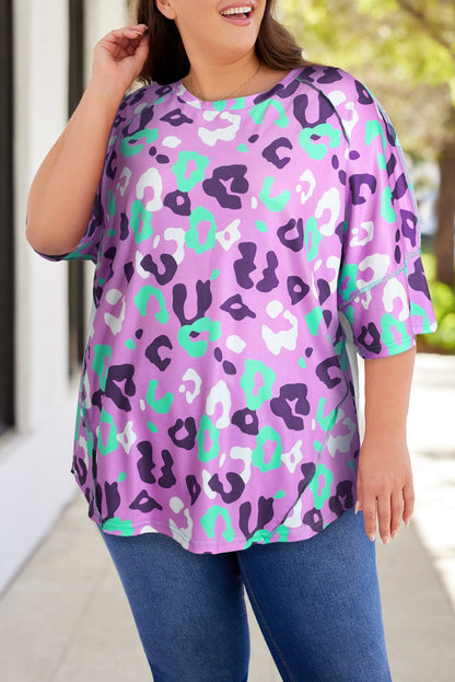 1/2 Sleeve Leopard Print Plus Size Top