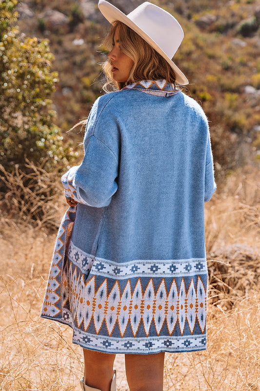 Long Sleeve Southwestern Aztec Print Long Open Front Cardigan Sweater