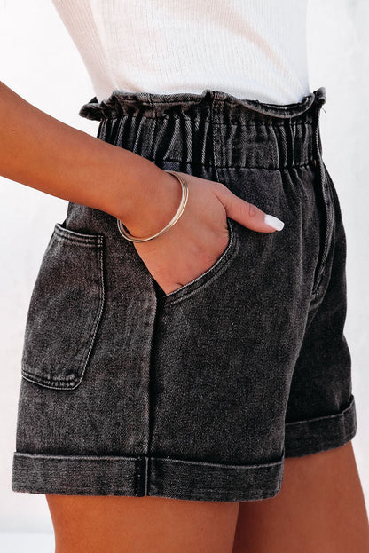 High Rise Elastic Waist Black Denim Jean Shorts