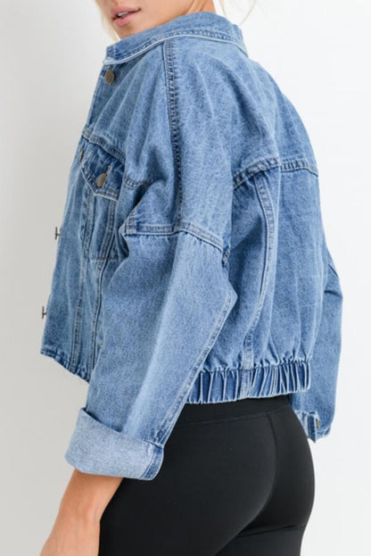 Long Sleeve Drop Shoulder Button-down Cropped Denim Blue Jean Jacket