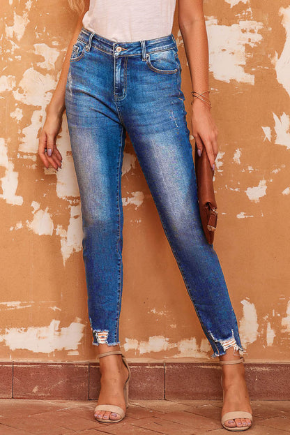 Mid-Rise Distressed Denim Blue Jeans