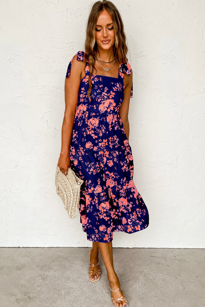 Sleeveless Tie Shoulder Straps Tiered Floral Midi Dress