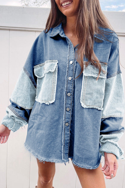 Long Sleeve Button-down Colorblock Denim Jean Jacket/Shirt