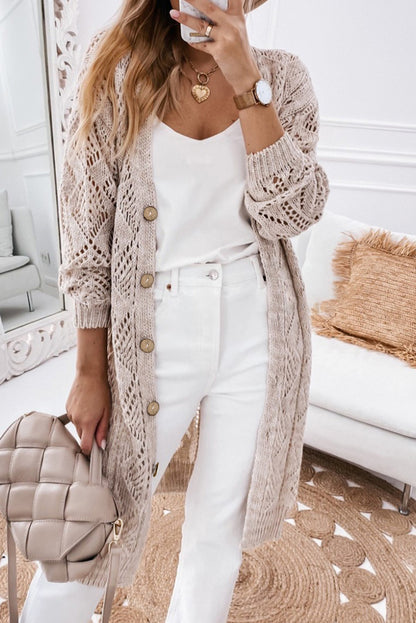 Button-down Cut-out Long Cardigan Sweater Khaki