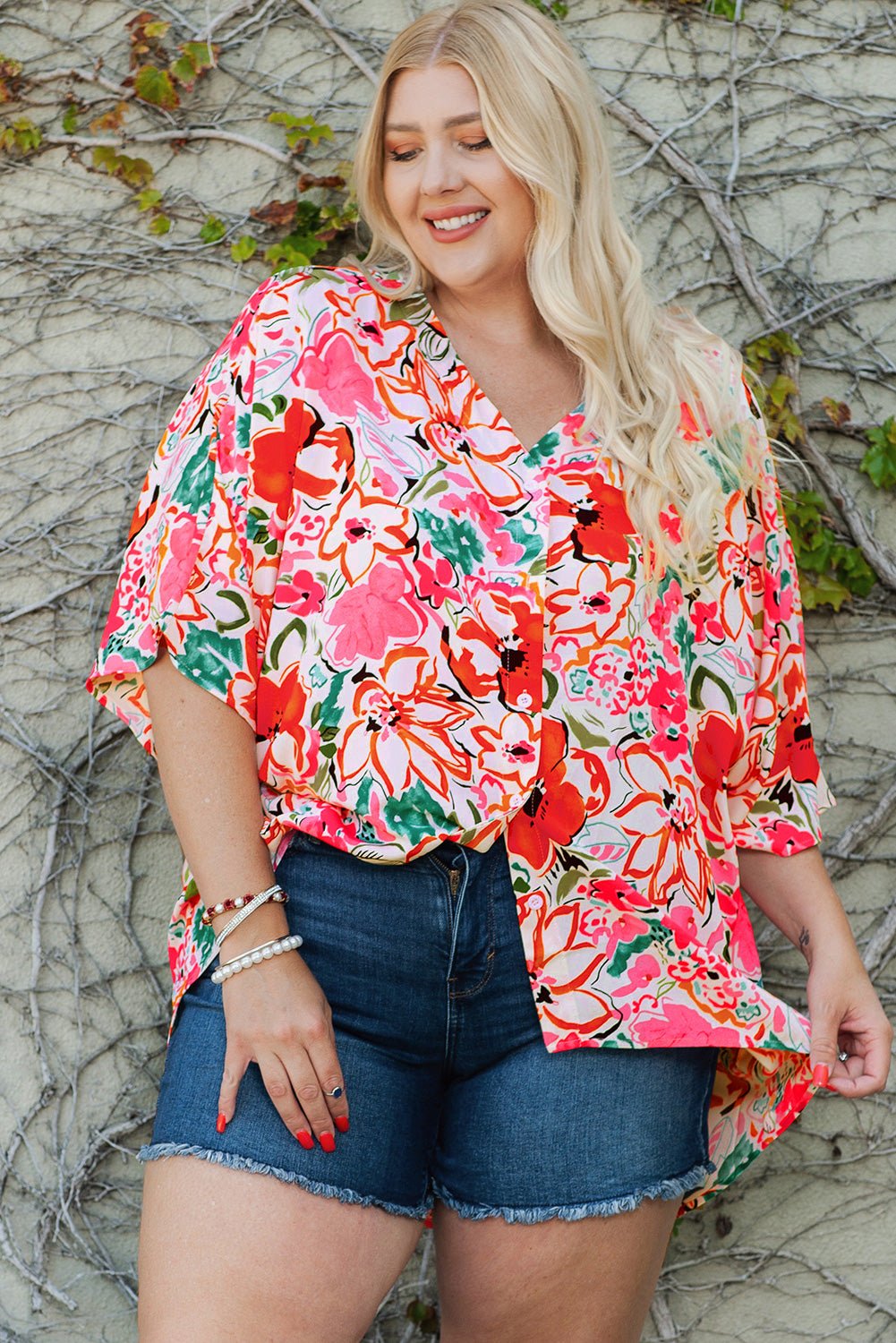 1/2 Sleeve Button- Down Floral Print Plus Size Top