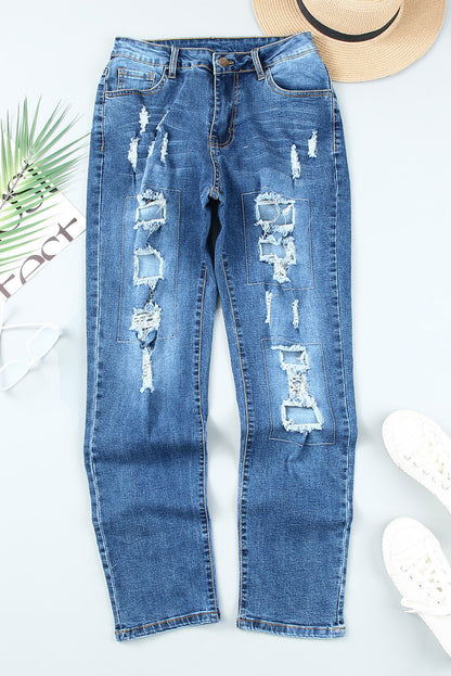 Mid-Rise Straight Leg Factory Distressed Jeans Denim Blue Jeans