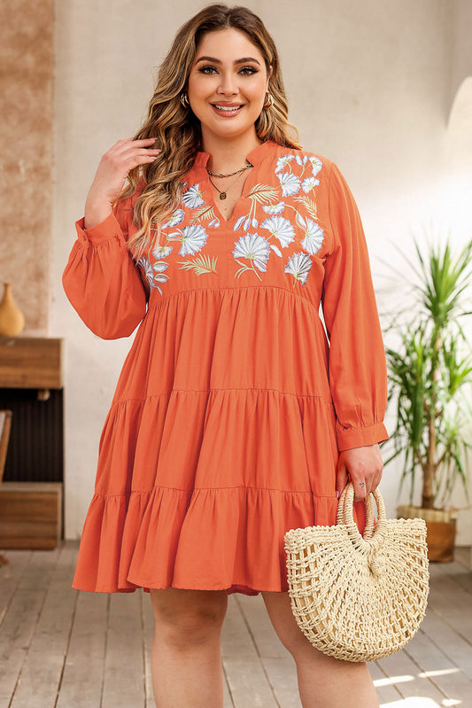 Long Sleeve Floral Embroidered Plus Size Above Knee Mini Dress